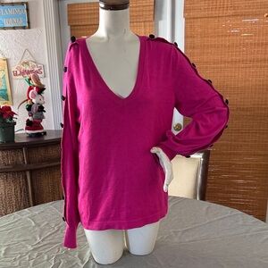 Women's Pink V-Neck Top with Black Button Accents
